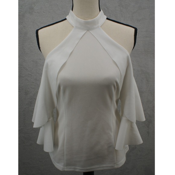H&M Tops - H&M White Halter Neck Ruffle Cold Shoulder Top Mock Neck Blouse Size Medium